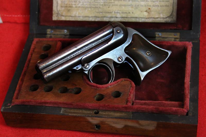 A Simply Superb. Antique, Wild West, Original .32 rimfire Remington Elliot 1860-61 patent, Cased Four-Barrelled Derringer Pistol. As Good, If Not Better, Than Any to Be Currently Seen In American Wild West Museums. Cased by T Underhill of Manchester