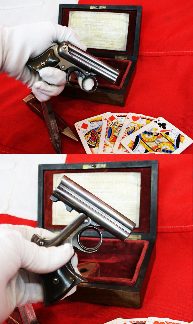 A Simply Superb. Antique, Wild West, Original .32 rimfire Remington Elliot 1860-61 patent, Cased Four-Barrelled Derringer Pistol. As Good, If Not Better, Than Any to Be Currently Seen In American Wild West Museums. Cased by T Underhill of Manchester