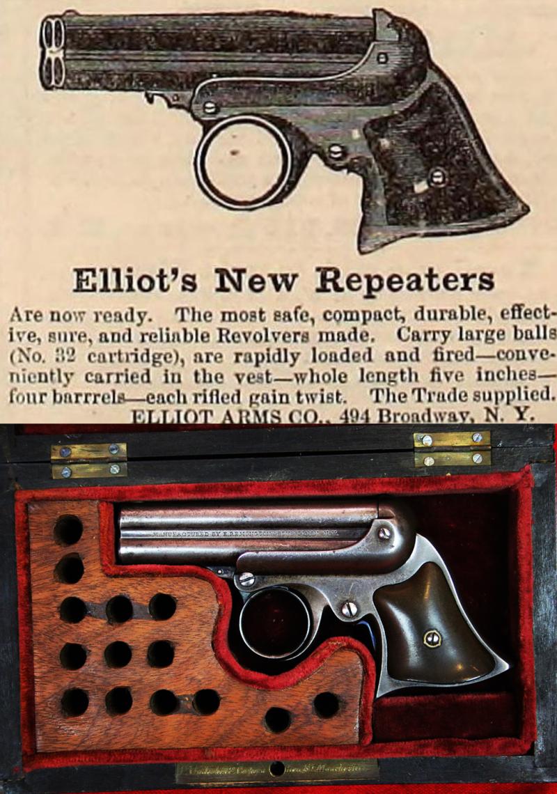 A Simply Superb. Antique, Wild West, Original .32 rimfire Remington Elliot 1860-61 patent, Cased Four-Barrelled Derringer Pistol. As Good, If Not Better, Than Any to Be Currently Seen In American Wild West Museums. Cased by T Underhill of Manchester