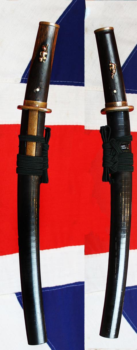 Beautiful Shinto Samurai Folklore Tanto, 1600, With A Wonderful Suite Of Copper Koshirae Engraved With Japanese Legendary Noh Tales. Figures of Folklore Including, Sanbaso, Samurai, Kappa & Yokai The Turtle & Human Face Octopus, Lamp, Fans & Cricket