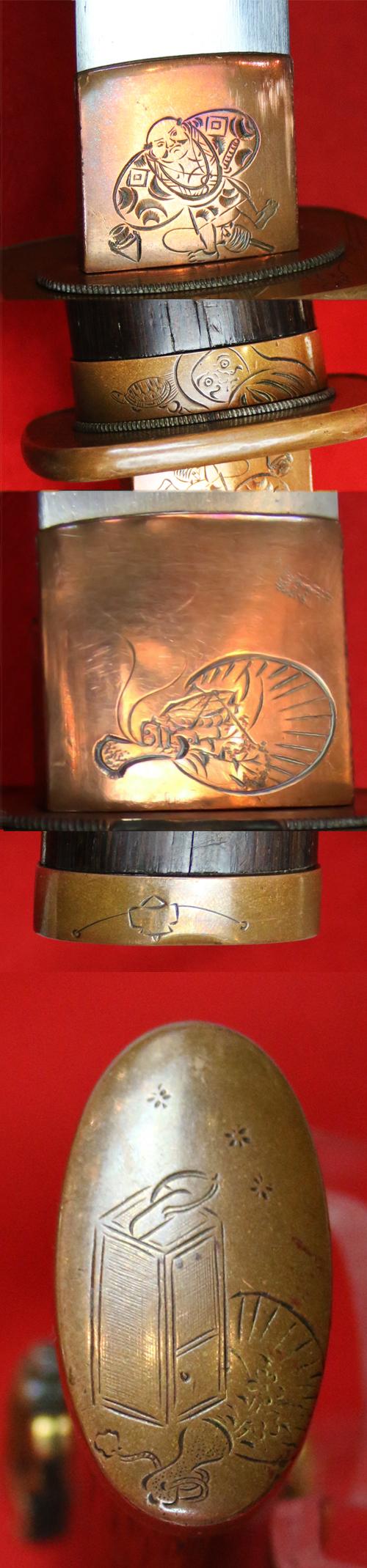Beautiful Shinto Samurai Folklore Tanto, 1600, With A Wonderful Suite Of Copper Koshirae Engraved With Japanese Legendary Noh Tales. Figures of Folklore Including, Sanbaso, Samurai, Kappa & Yokai The Turtle & Human Face Octopus, Lamp, Fans & Cricket