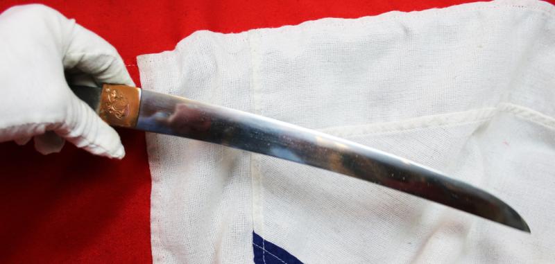 Beautiful Shinto Samurai Folklore Tanto, 1600, With A Wonderful Suite Of Copper Koshirae Engraved With Japanese Legendary Noh Tales. Figures of Folklore Including, Sanbaso, Samurai, Kappa & Yokai The Turtle & Human Face Octopus, Lamp, Fans & Cricket