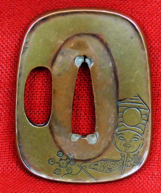 Beautiful Shinto Samurai Folklore Tanto, 1600, With A Wonderful Suite Of Copper Koshirae Engraved With Japanese Legendary Noh Tales. Figures of Folklore Including, Sanbaso, Samurai, Kappa & Yokai The Turtle & Human Face Octopus, Lamp, Fans & Cricket