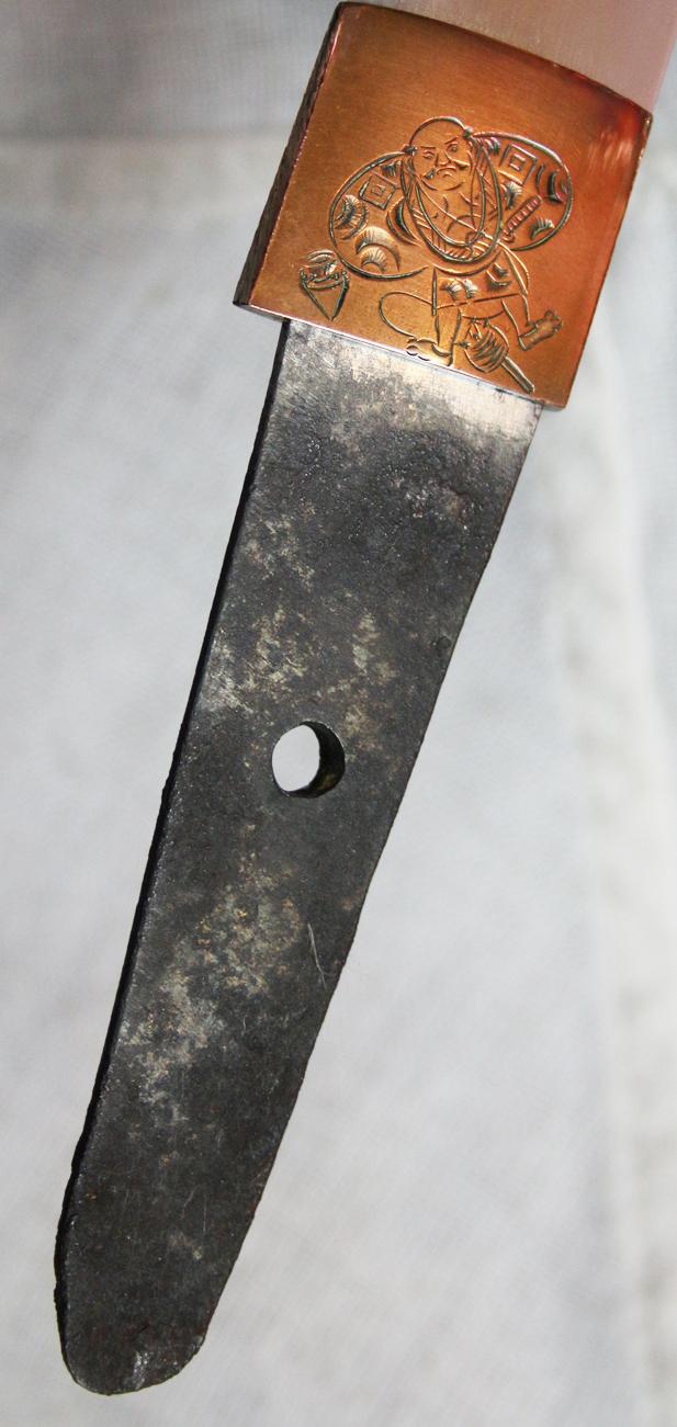 Beautiful Shinto Samurai Folklore Tanto, 1600, With A Wonderful Suite Of Copper Koshirae Engraved With Japanese Legendary Noh Tales. Figures of Folklore Including, Sanbaso, Samurai, Kappa & Yokai The Turtle & Human Face Octopus, Lamp, Fans & Cricket
