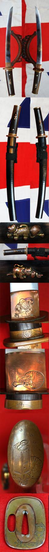 Beautiful Shinto Samurai Folklore Tanto, 1600, With A Wonderful Suite Of Copper Koshirae Engraved With Japanese Legendary Noh Tales. Figures of Folklore Including, Sanbaso, Samurai, Kappa & Yokai The Turtle & Human Face Octopus, Lamp, Fans & Cricket