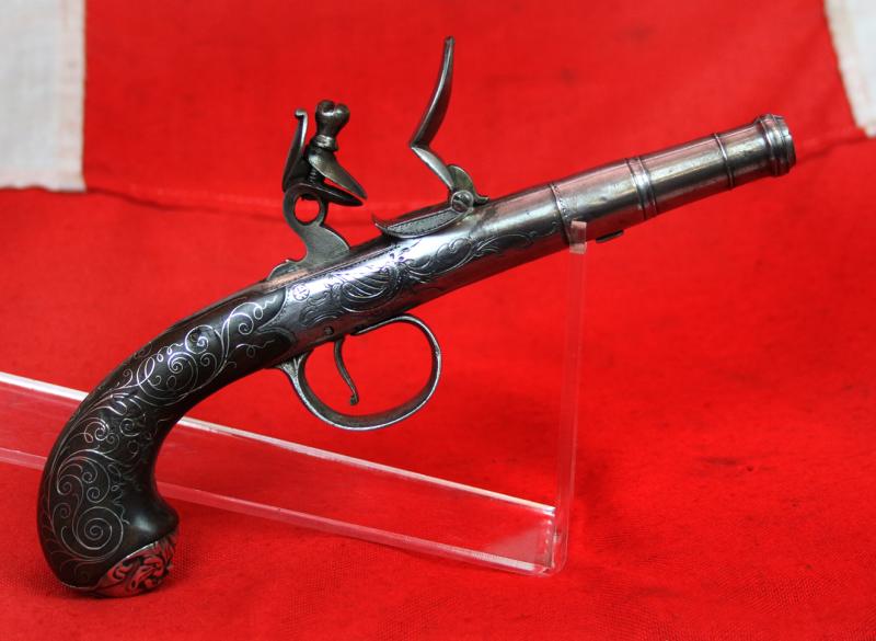 Absolutely Beautiful & Captivating Pair Of American Revolution Period 18th Century 'Queen Anne' Cannon Barrel Pistols with Silver Inlays & Solid Silver Grotesque Mask Butt Caps. Near Identical To Another Recovered From a Shipwreck off The Florida Coast