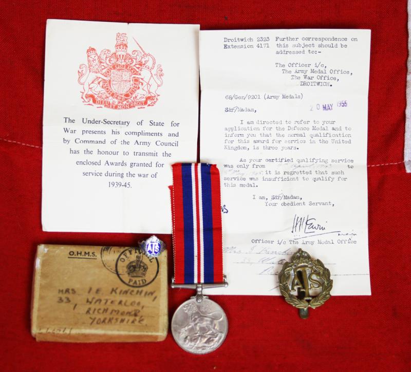 Medal Of Iris Kinchin {nee Armstrong} Former SOE Cypherette in The Far East. With Her Letter From The Medal Department, Medal Issue Box, Silver Enamel Ring and Badge.