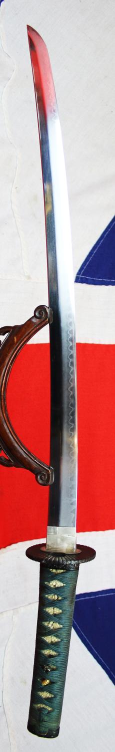 A Superb 16th Century Koto Wakazashi Signed Kanemoto, Of The Renown Mino School, Muramachi Period, With Fabulous Hamon Including a Rare Inazuma (稲妻) 'Summer Lightning' Single Lightning Bolt That Appears Like A Spinning Cyclone Emerging From the Hamon