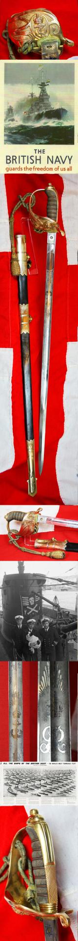 A Superb Royal Naval WW2 Officer's Sword With Deluxe Etched Combat Weight and Grade Blade, Bearing Naval Devices, Scrollwork and Kings Cypher with Leather and Brass Mounted Scabbard. Still Perfect For Use Today