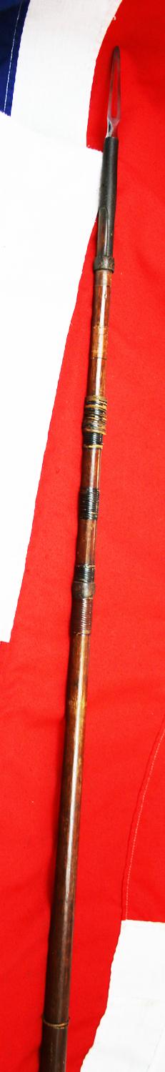 Early Samurai 袋槍 Fukuro-Yari, Helmet & Armour Piercing Grade Samurai Lance Of Incredible Power, Circa 1336 to 1500. Triple Equilateral Graduating Blade with Red Lacquer Decorated Horimono Bo-Hi To Each Blade Face & Complete With Its Original Pole Haft