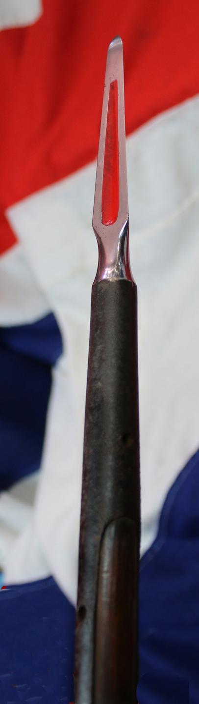 Early Samurai 袋槍 Fukuro-Yari, Helmet & Armour Piercing Grade Samurai Lance Of Incredible Power, Circa 1336 to 1500. Triple Equilateral Graduating Blade with Red Lacquer Decorated Horimono Bo-Hi To Each Blade Face & Complete With Its Original Pole Haft
