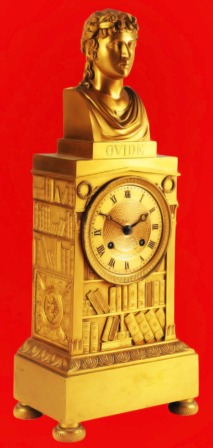 An Absolutely Stunning Napoleonic Ist Empire Mercurial Gilt Library Clock From Paris, Circa 1804, Depicting the Bust of Roman Poet Ovid (Publius Ovidius Naso) Atop A Library Bookcase In Napoleon's Working Cabinet, in The Tuileries Palace