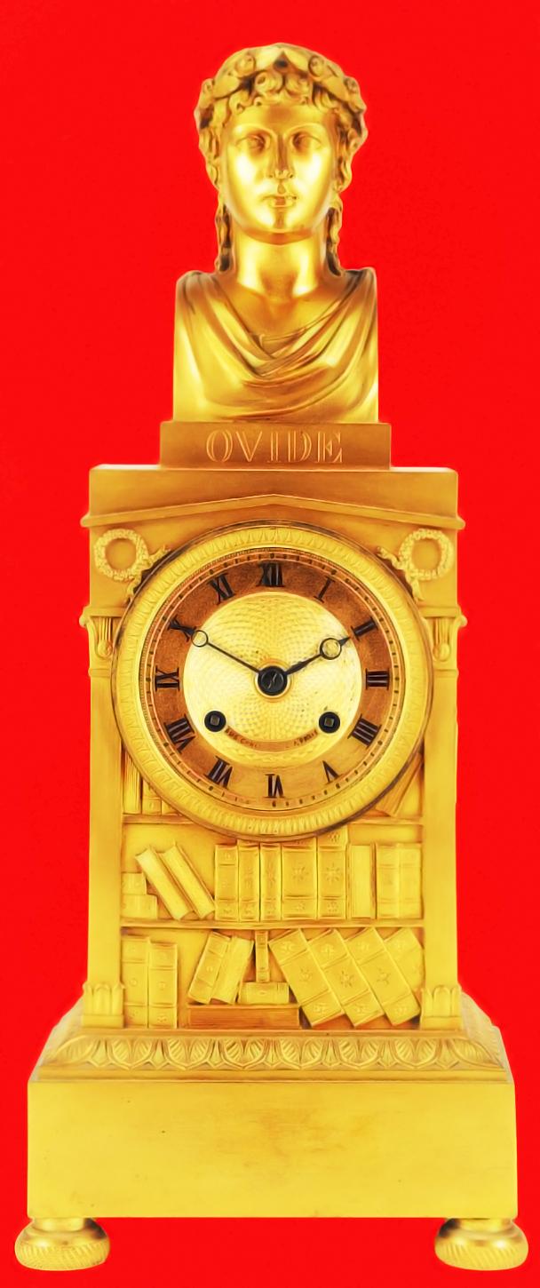 An Absolutely Stunning Napoleonic Ist Empire Mercurial Gilt Library Clock From Paris, Circa 1804, Depicting the Bust of Roman Poet Ovid (Publius Ovidius Naso) Atop A Library Bookcase In Napoleon's Working Cabinet, in The Tuileries Palace