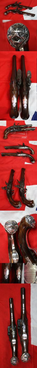 A Pair Of Finest Irish Silver Mounted Holster Pistols By John Govers Of Dame St. Dublin 1760. Finest Silver Cartouches Each One Engraved With The Original Owner, An Irish Duke's, Noble Crests, Of Irish Ducal Crowned Lions Passant, Set In Noble Shields