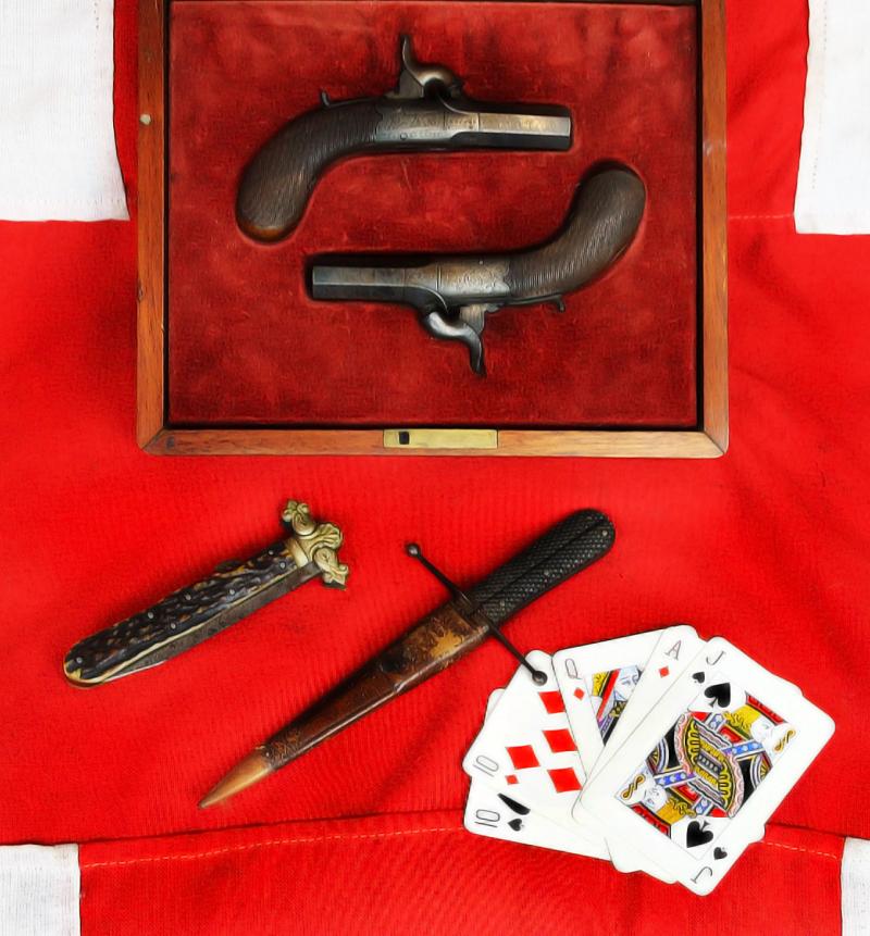 Superb Collection of Antique 1840's 19th Cent, American Gamblers Collectors Items. A Fine 'American' Cased Pair of Derringers by Wilson, American Bowie Knives, One Scabbarded and Another Folding Pocket Bowie & A Scarce Scissors Dagger