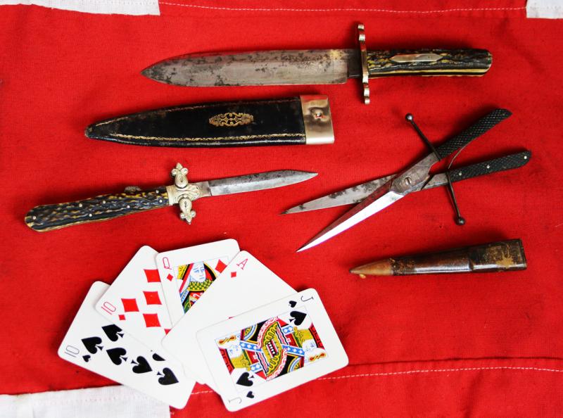 Superb Collection of Antique 1840's 19th Cent, American Gamblers Collectors Items. A Fine 'American' Cased Pair of Derringers by Wilson, American Bowie Knives, One Scabbarded and Another Folding Pocket Bowie & A Scarce Scissors Dagger