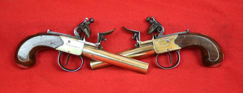 A Superb Pair of 18th Century Naval Ship Captain's Pistols, Dated 1783, with All Brass Frames and Barrels and Hallmarked Silver Buttcaps. By Master Gunsmith John Rea of London