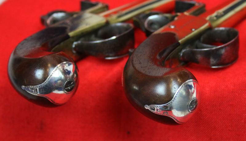 A Superb Pair of 18th Century Naval Ship Captain's Pistols, Dated 1783, with All Brass Frames and Barrels and Hallmarked Silver Buttcaps. By Master Gunsmith John Rea of London
