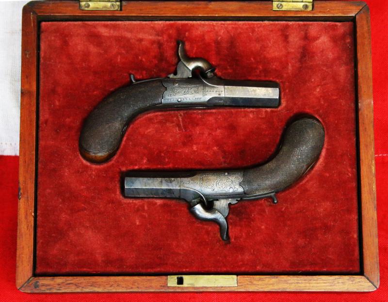 A Superb “American” Cased Pair of 1850 Derringer, Gambler’s Waistcoat or Boot Pistols By Wilson, of Superb Quality. A Very Neat Little Pair Of Large Calibre Small Pistols The Type of Earliest ‘Derringer’ Pistols Ideal For Concealed Protection