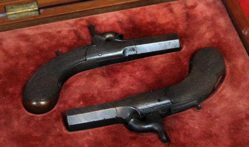 A Superb “American” Cased Pair of 1850 Derringers, Gambler’s Waistcoat or Boot Pistols By Wilson, of Superb Quality. A Very Neat Little Pair Of Large Calibre Small Pistols The Type of Earliest ‘Derringer’ Pistols Ideal For Concealment. Damascus Barrels.