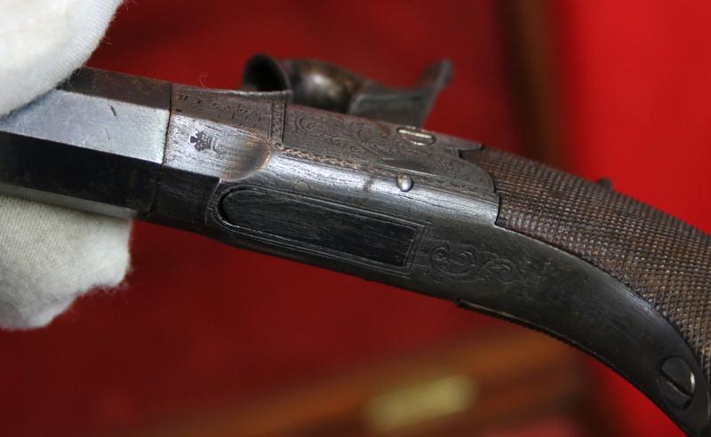 A Superb “American” Cased Pair of 1850 Derringers, Gambler’s Waistcoat or Boot Pistols By Wilson, of Superb Quality. A Very Neat Little Pair Of Large Calibre Small Pistols The Type of Earliest ‘Derringer’ Pistols Ideal For Concealment. Damascus Barrels.